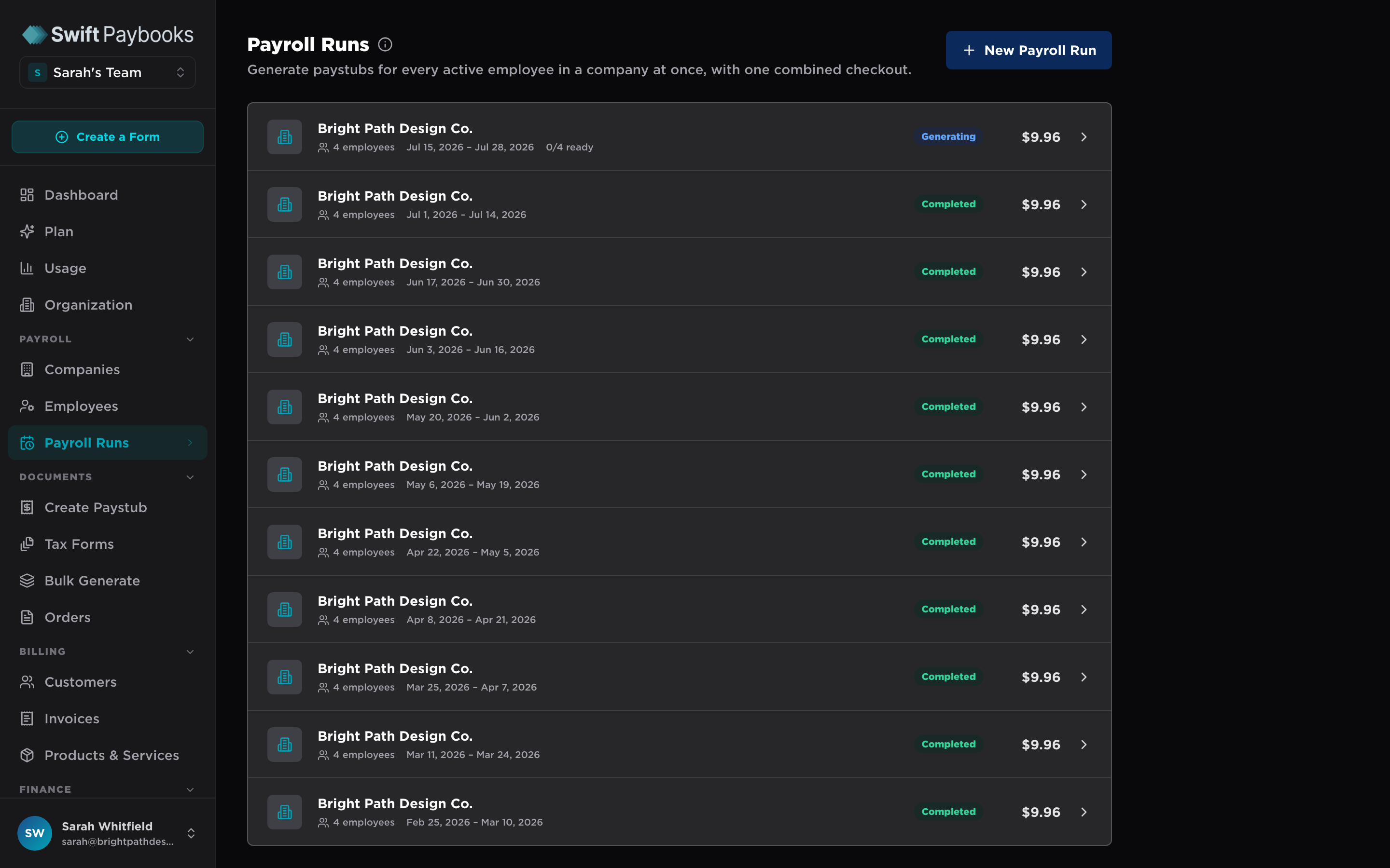 Swift Paybooks dashboard showing a history of biweekly payroll runs with statuses and totals