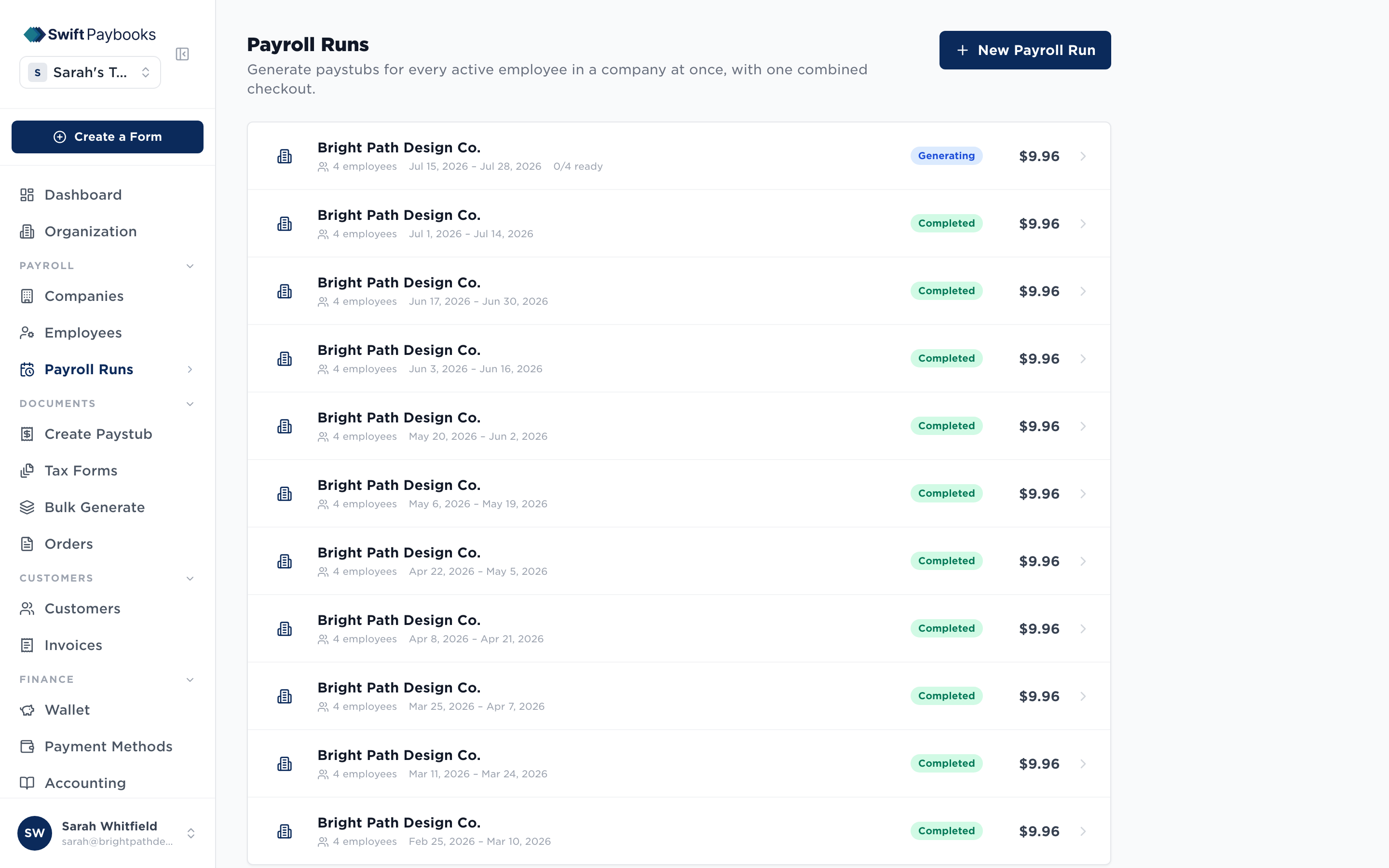 Swift Paybooks dashboard showing a history of biweekly payroll runs with statuses and totals