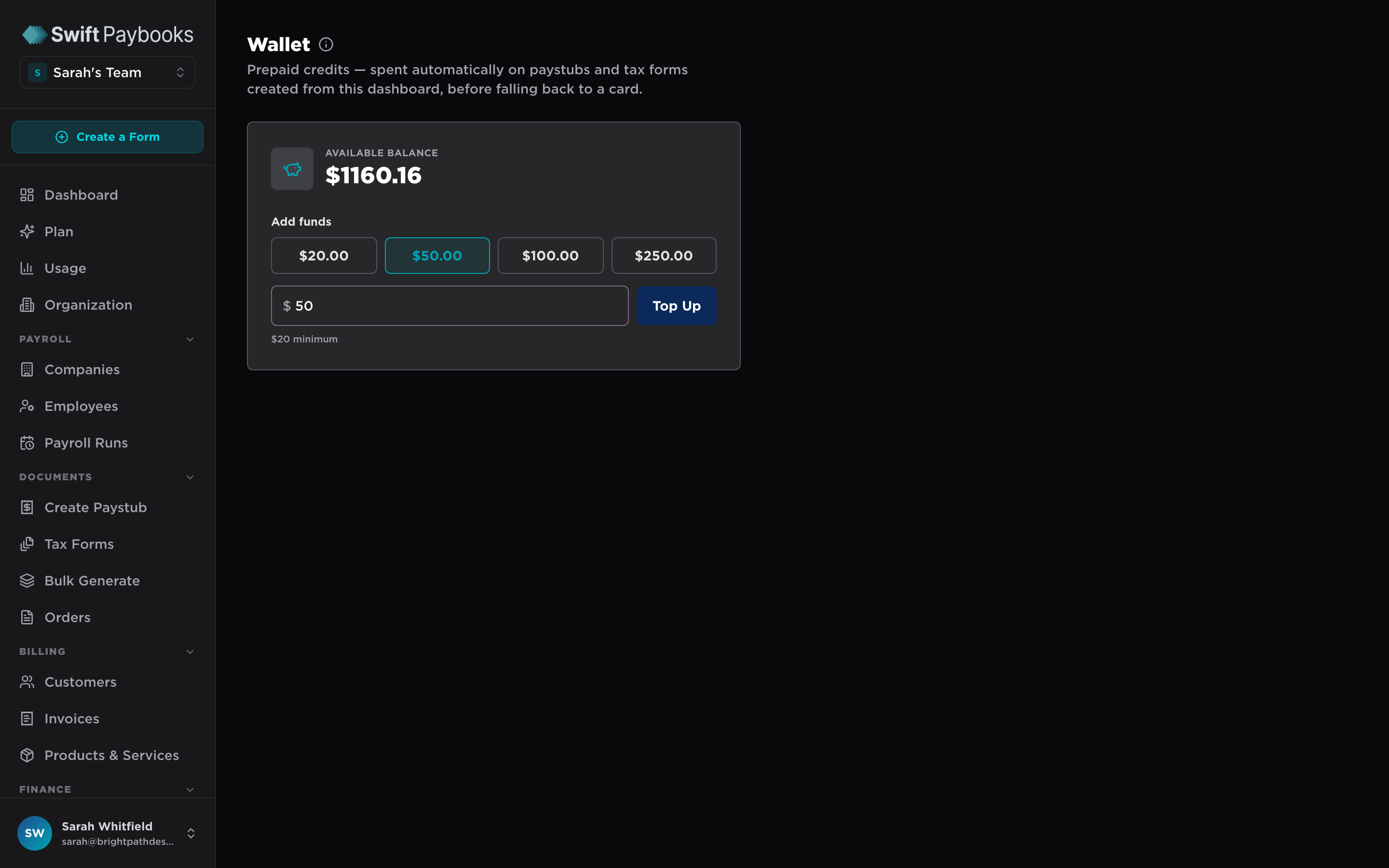 Swift Paybooks wallet page showing prepaid balance and add funds options